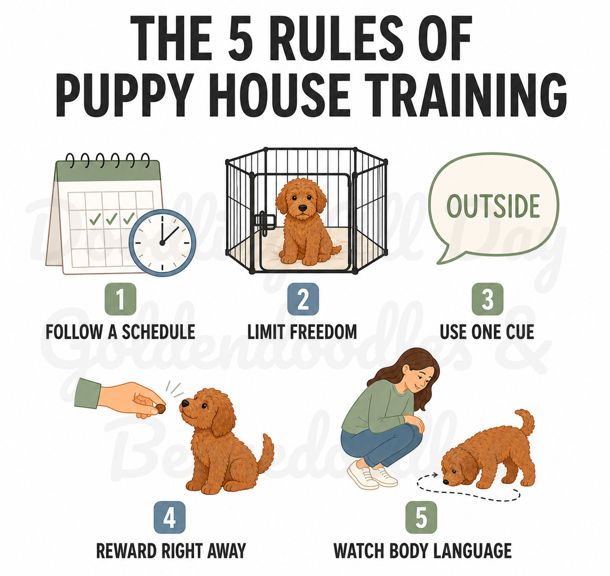 Infographic showing five rules of puppy house training: follow a schedule, limit freedom, use one consistent cue, reward immediately, and watch the puppy’s body language.