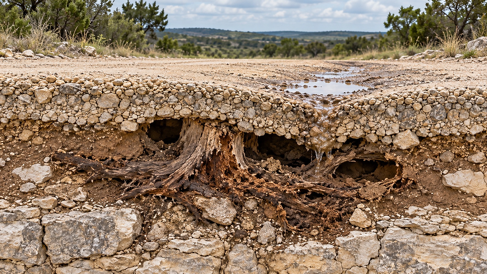 Cutaway illustration of compacted ranch road base sagging above decomposed cedar roots, underground voids, and water entering the weakened area.