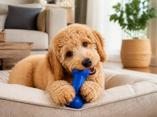 Goldendoodle puppy contentedly chewing a blue rubber toy while resting on a dog bed in a sunny living room.