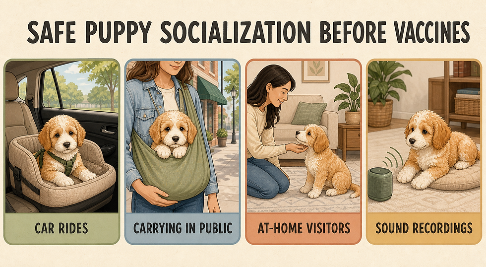 Safe puppy socialization before vaccines: car rides, being carried in public, meeting visitors at home, and listening to sound recordings.