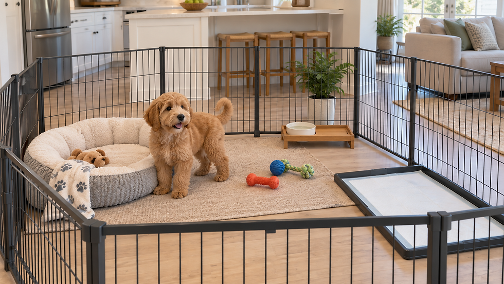 Goldendoodle puppy in a spacious pen with a bed, water, toys, and a separate potty area.