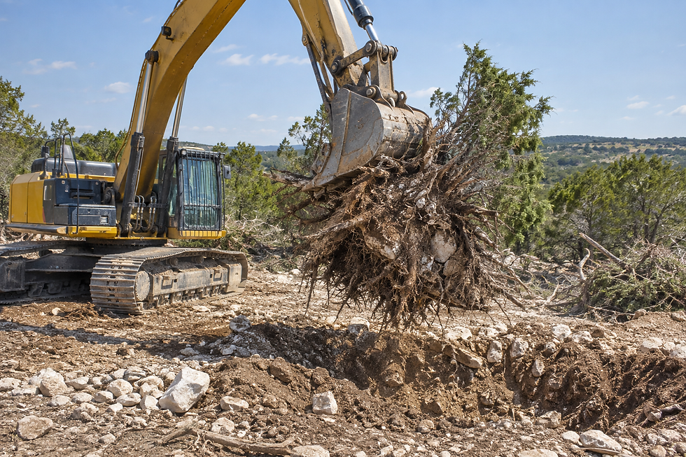 Cleared Texas Hill Country lot with stumps and roots removed, graded soil, and protected live oaks in the background.
