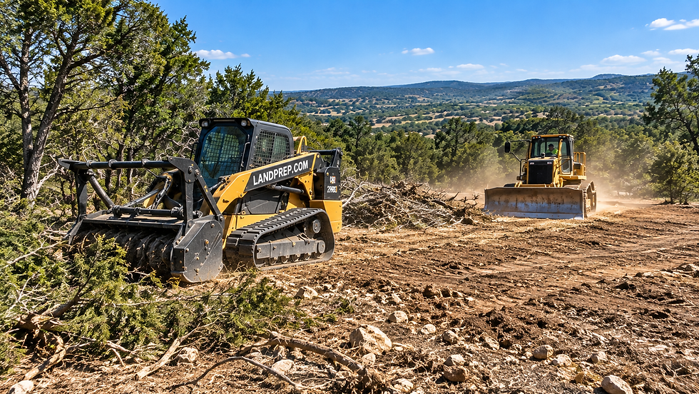 LandPrep.com crew clearing cedar and grading rocky Texas Hill Country acreage, showing the transition from land clearing to site prep.