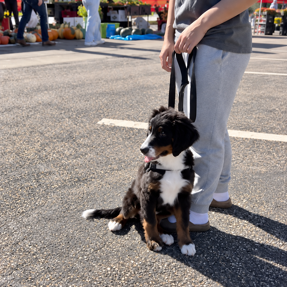 Sage sits calmly beside her trainer at a sunny farmers market, with produce stands and shoppers in the background.