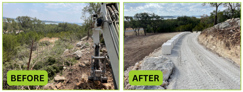 Before and after images of a clearing project. Left: Dense trees and an excavator. Right: Cleared path with white concrete blocks. Green labels.