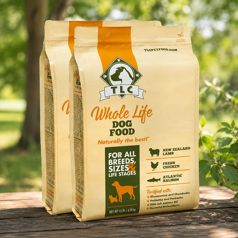 TLC Whole Life Dog Food bag displayed outdoors on a rustic wooden table with a natural green background, featuring an all-life-stages formula made with New Zealand lamb, fresh chicken, and Atlantic salmon.