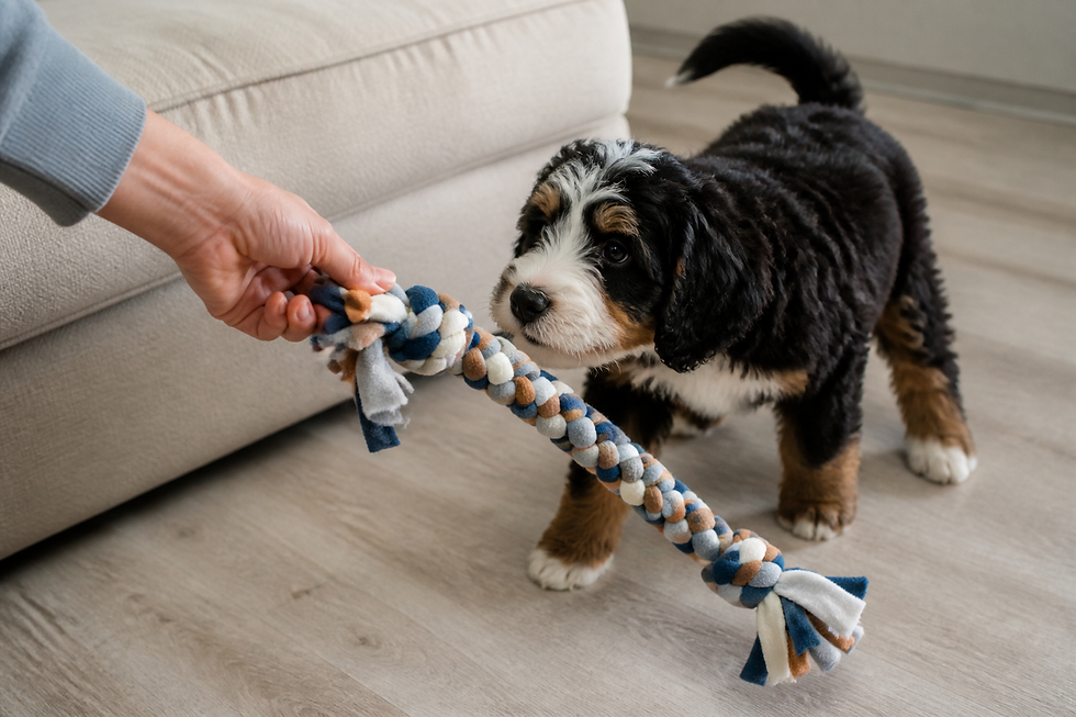 Bernedoodle puppy being calmly redirected to a long fleece tug toy.