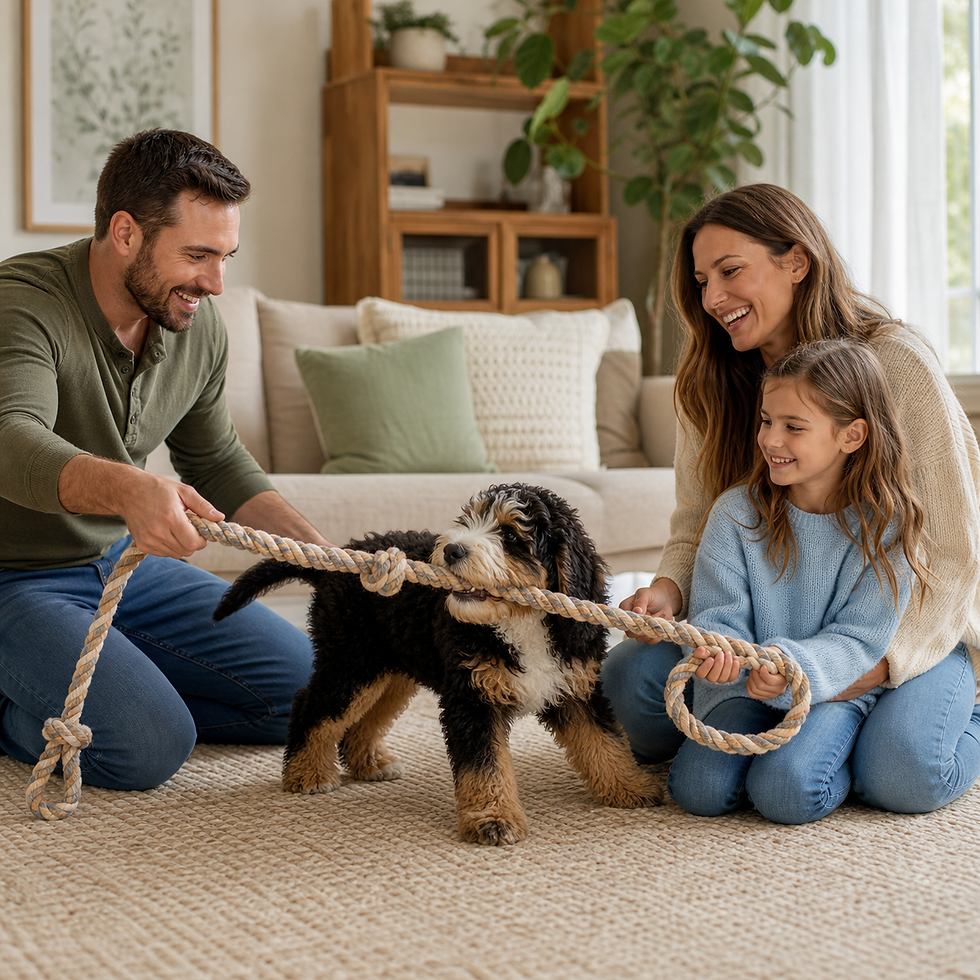 Family supervising a Bernedoodle puppy during gentle tug-of-war with a long rope toy, redirecting biting into appropriate play.