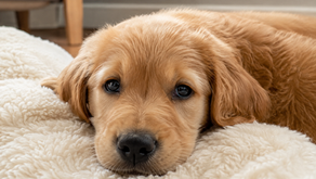 Golden retriever puppy with coccidia lying on blanket showing lethargy, a common coccidiosis symptom in puppies