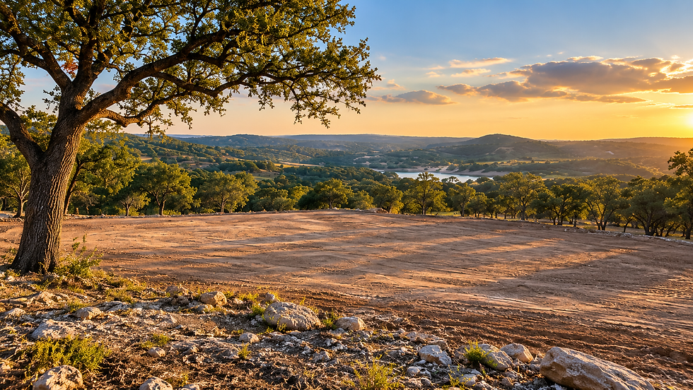 Cleared and graded Texas Hill Country build site with preserved live oak trees and panoramic views after land prep work.
