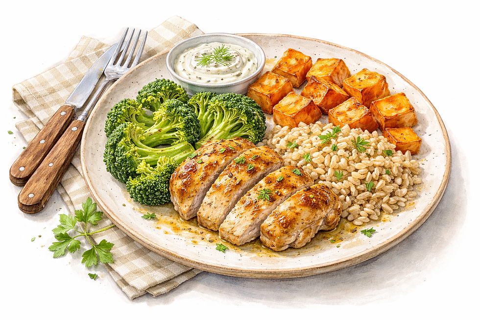 Homemade dog food using chicken served as a sheet pan meal with sliced roasted chicken, broccoli, sweet potatoes, and brown rice plated on a white dish.