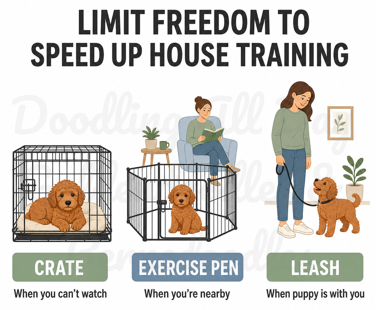 Infographic showing three ways to supervise a puppy during house training: resting in a crate when you can’t watch, staying in an exercise pen when you’re nearby, and remaining on a leash when the puppy is with you.
