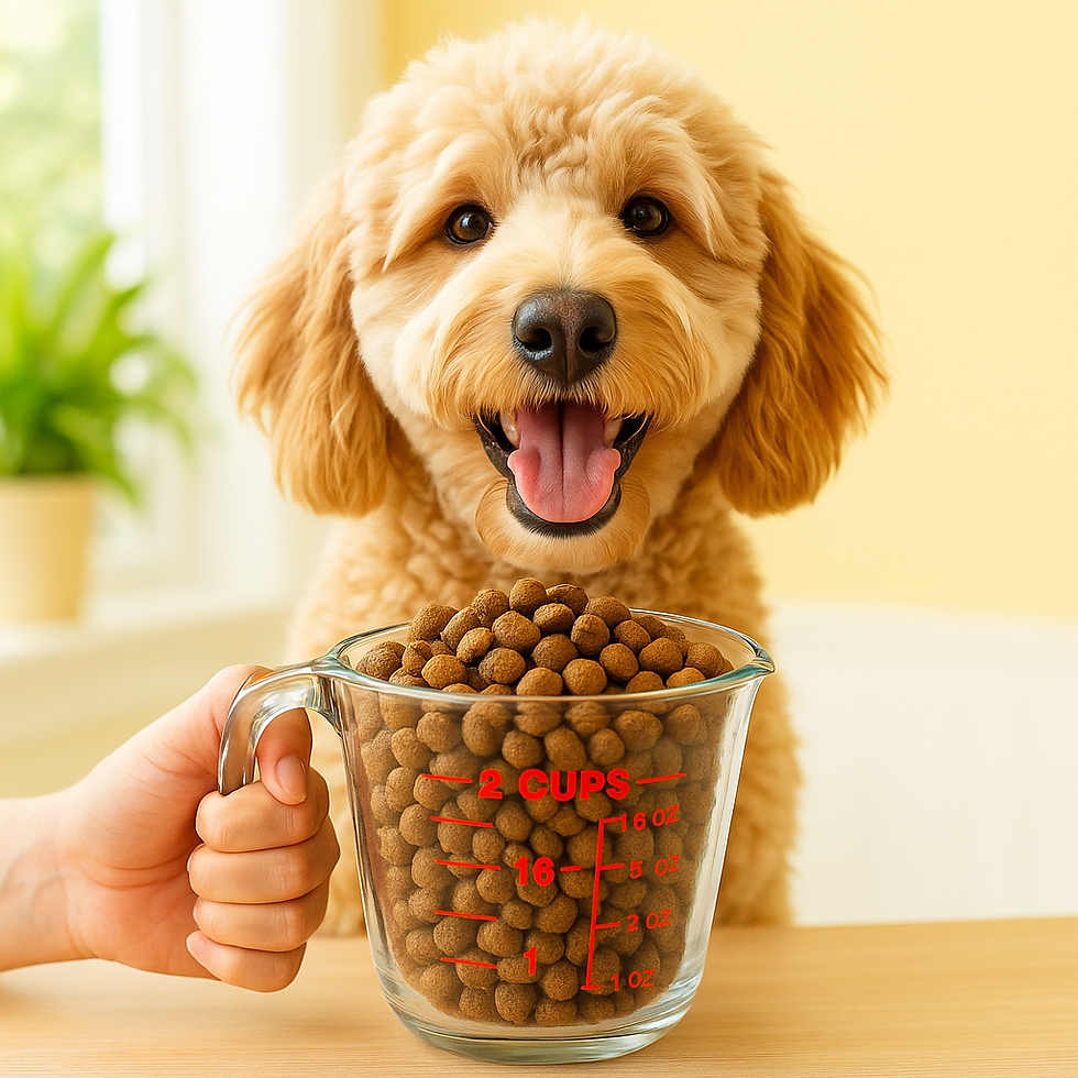 Fluffy dog eagerly eyes a glass measuring cup filled with kibble, labeled "2 CUPS." Bright, cheerful kitchen setting in the background.