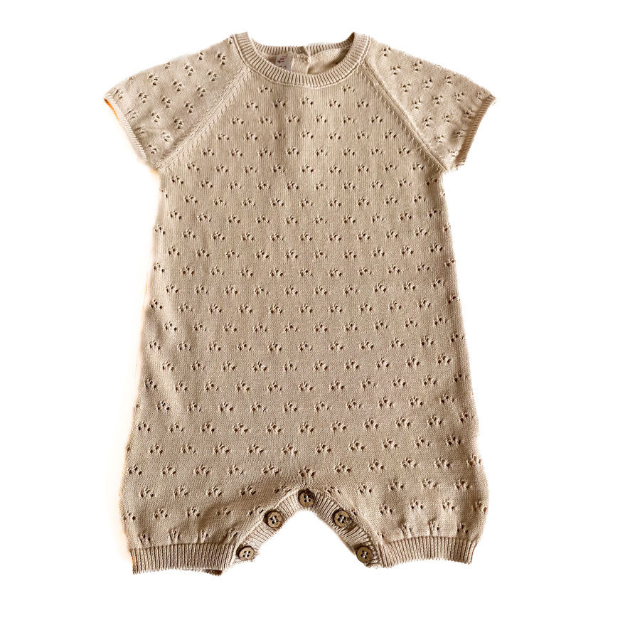 Miniatura: Tutina intera mezza manica corta traforata filo di cotone bio beige