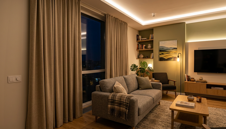 Eye-level view of a modern living room with automated curtains and soft lighting