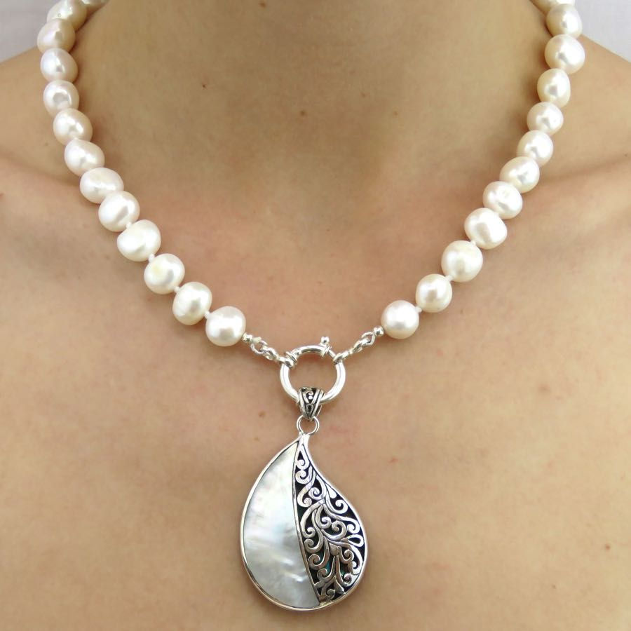 Thumbnail: Mother of Pearl & Silver Filigree Comma Earrings