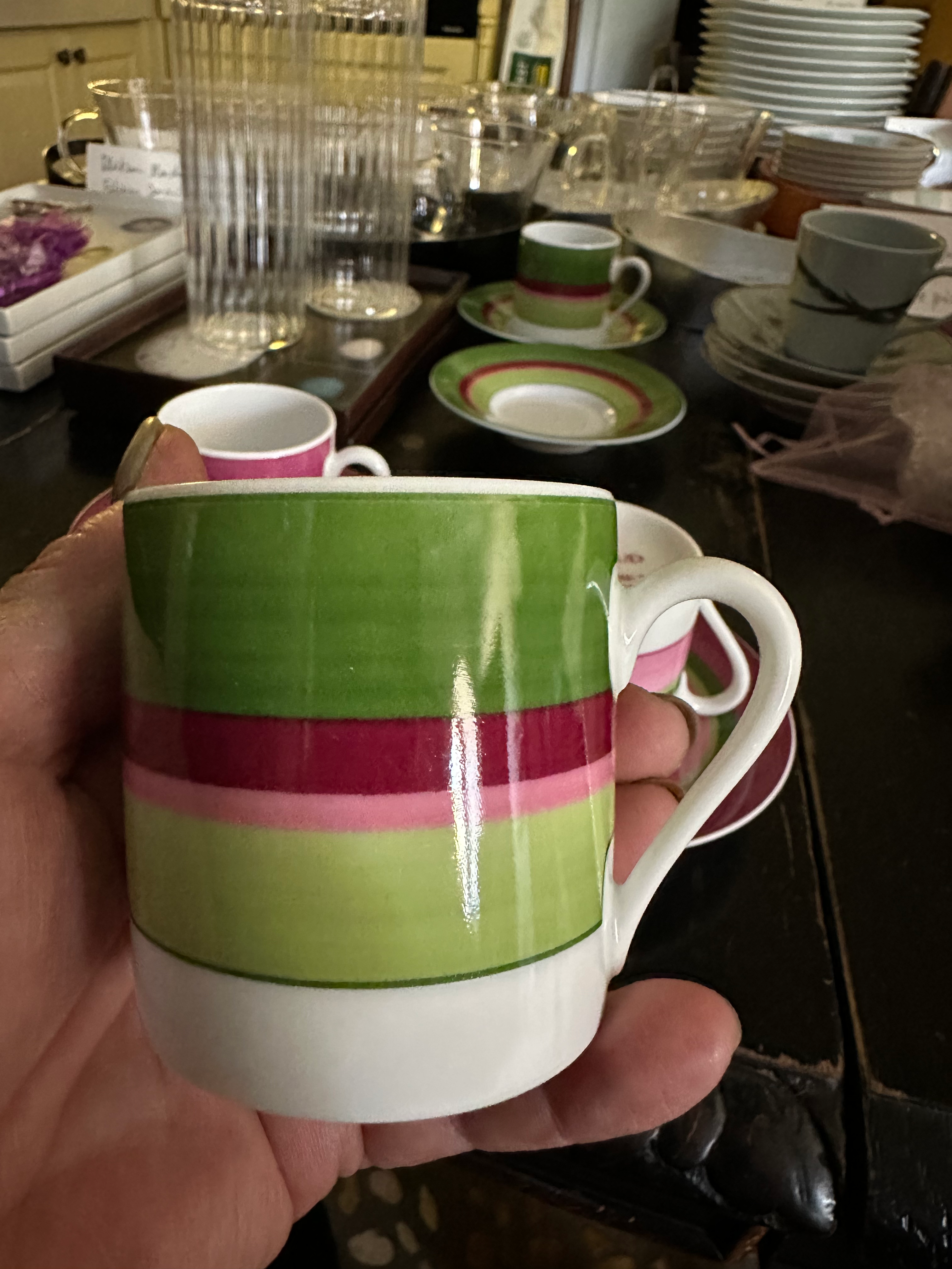 Paire de Tasses à café et Soucoupes Raynaud Limoges Bayadère Vert