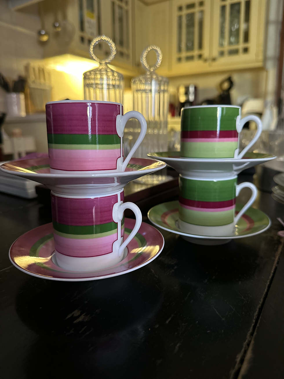 Miniature : Paire de Tasses à café et Soucoupes Raynaud LImoges Bayadère Rose