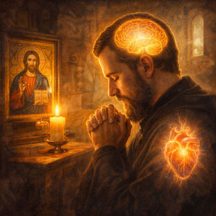 Credincios ortodox rugându-se în fața unei icoane și a unei lumânări, simbol al puterii rugăciunii asupra minții și sufletului