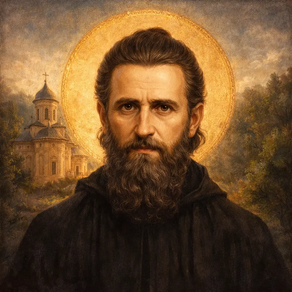 Imagine artistică reprezentând pe Sfântul Arsenie Boca în stil ortodox, cu aureolă și Mănăstirea Prislop în fundal, simbol al vieții sfinte și al credinței românești.