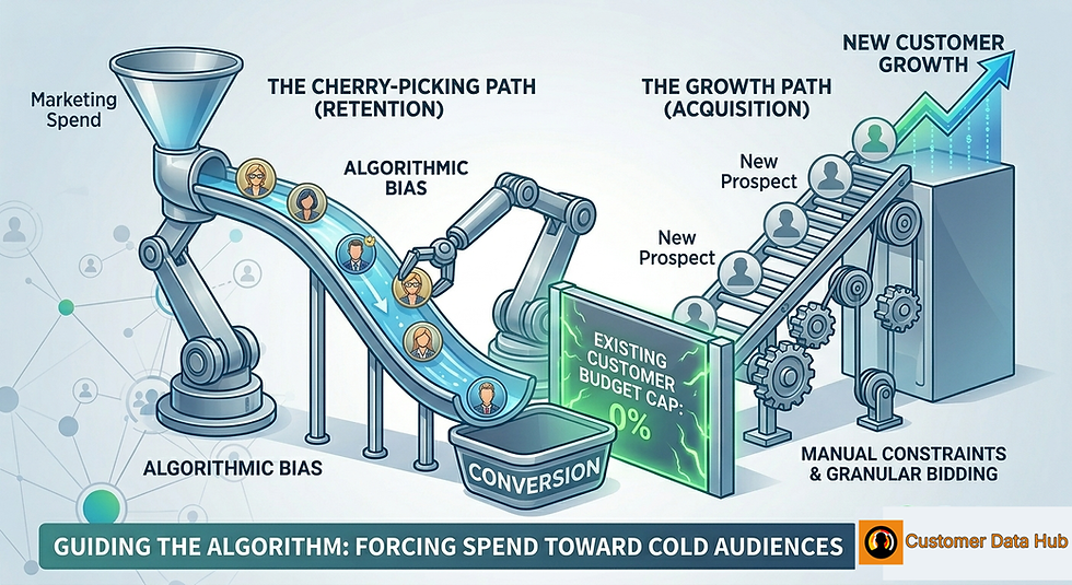 A digital landscape contrasting two pathways, maintaining the blue-green theme. The "Cherry-Picking Path (Retention)" is a slippery downhill slide where an algorithm happily guides existing customers to easy conversions. The "Growth Path (Acquisition)" is a structured uphill ladder where generic prospect icons are lifted carefully by precise gears (manual constraints) toward a "New Customer Growth" summit, which features the identical upward-trending arrow from Image 1.