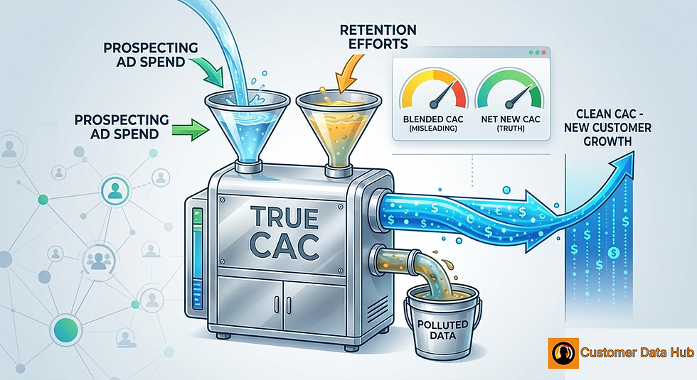 A conceptual traffic control center, maintaining the structured, blue-green visual style of Image 1. It shows a powerful robotic arm physically diverting detailed "Suppressed Customer" icons away from a glowing "Force Field Moat" marked "Cold Traffic Intake." This ensures that only new prospects are processed by the internal "TRUE CAC" mechanism (which is seen in simplified form in the background, linking it back to the main filtration theme).