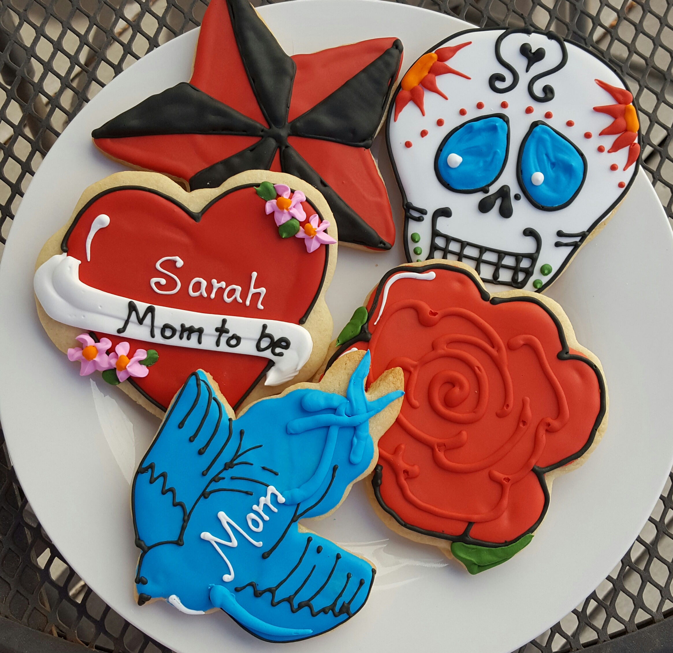 Tattoo cookies, tattoo baby shower, heart cookies, sugar skull cookie