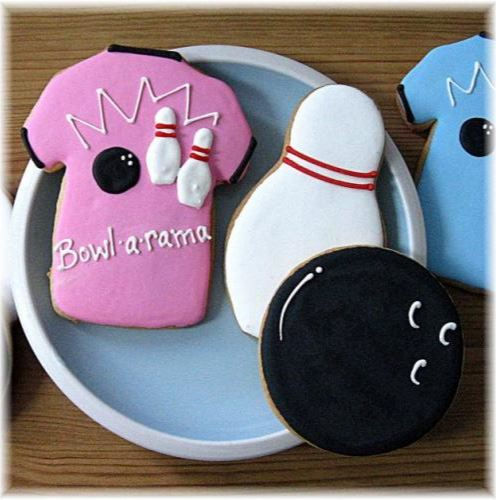 Bowling shirt cookie, bowling ball cookie, bowling pin cookie, bowling party cookies