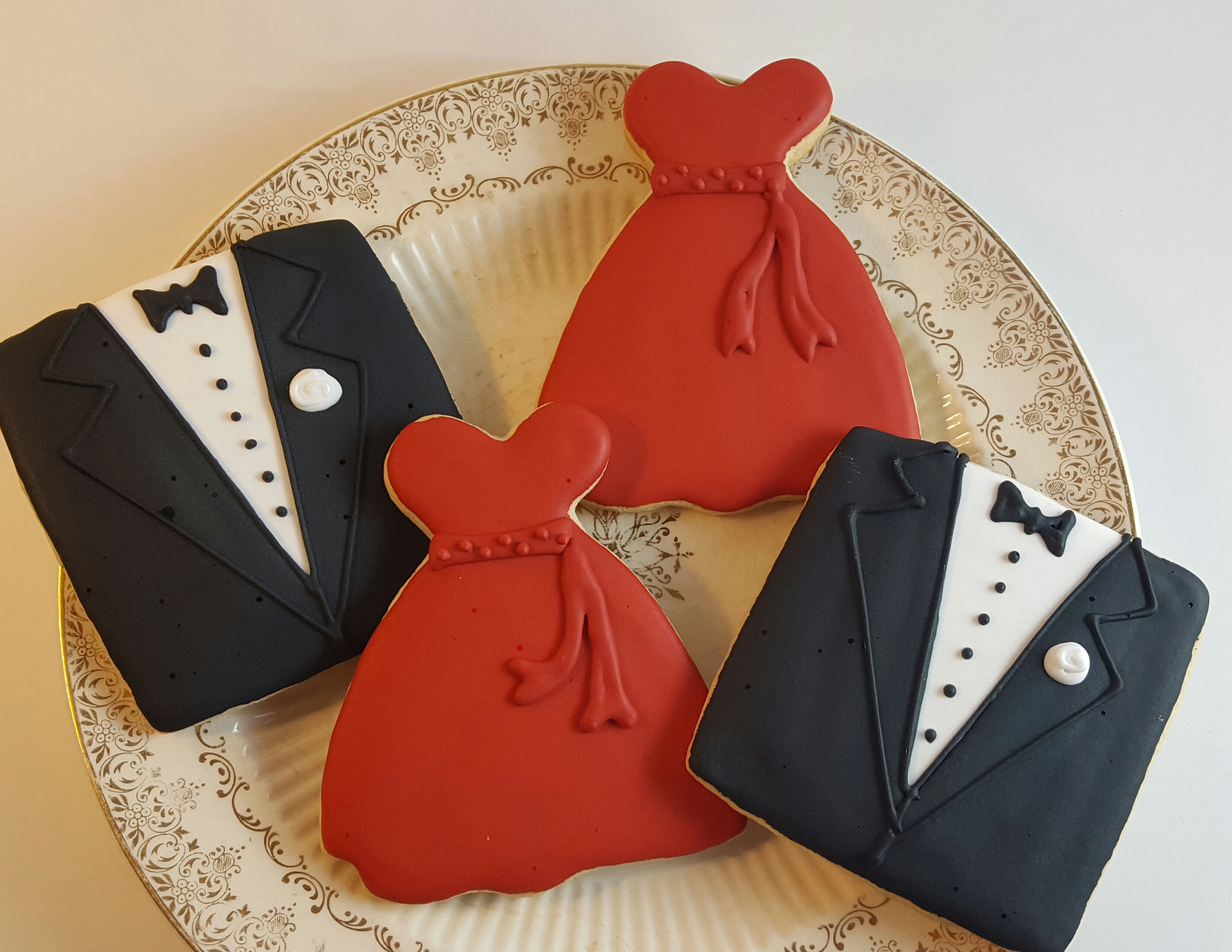 Tuxedo cookie, gown cookies, red carpet cookies