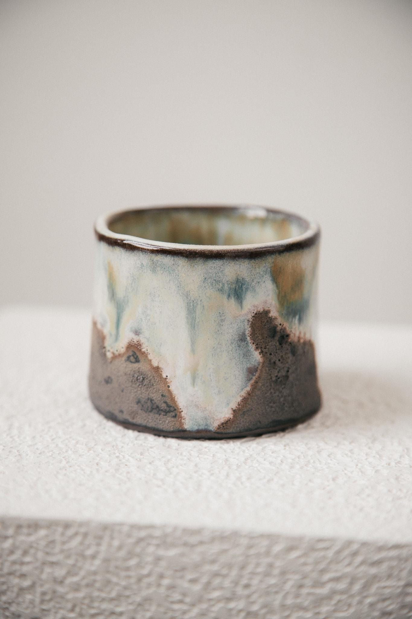 Handmade Stoneware Cappuccino Cup 180ml: Black & Green Textured Pottery