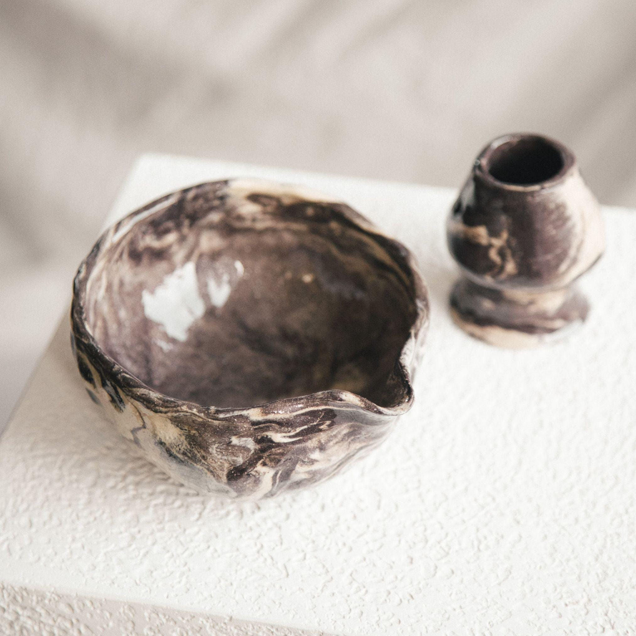 Marbled Matcha Bowl or Set in Beige and Brown