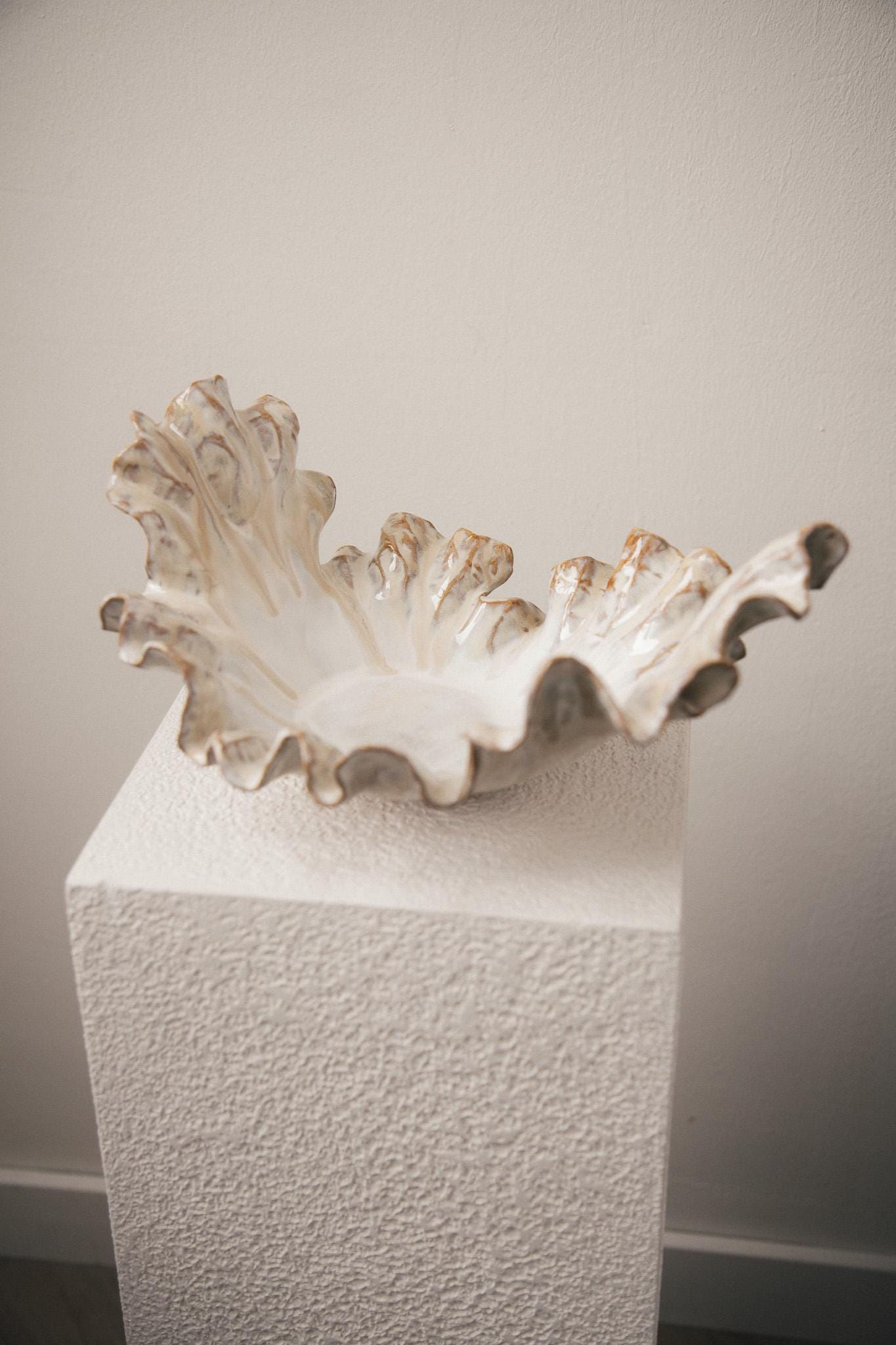 Ruffled Decorative Bowl in Beige and White