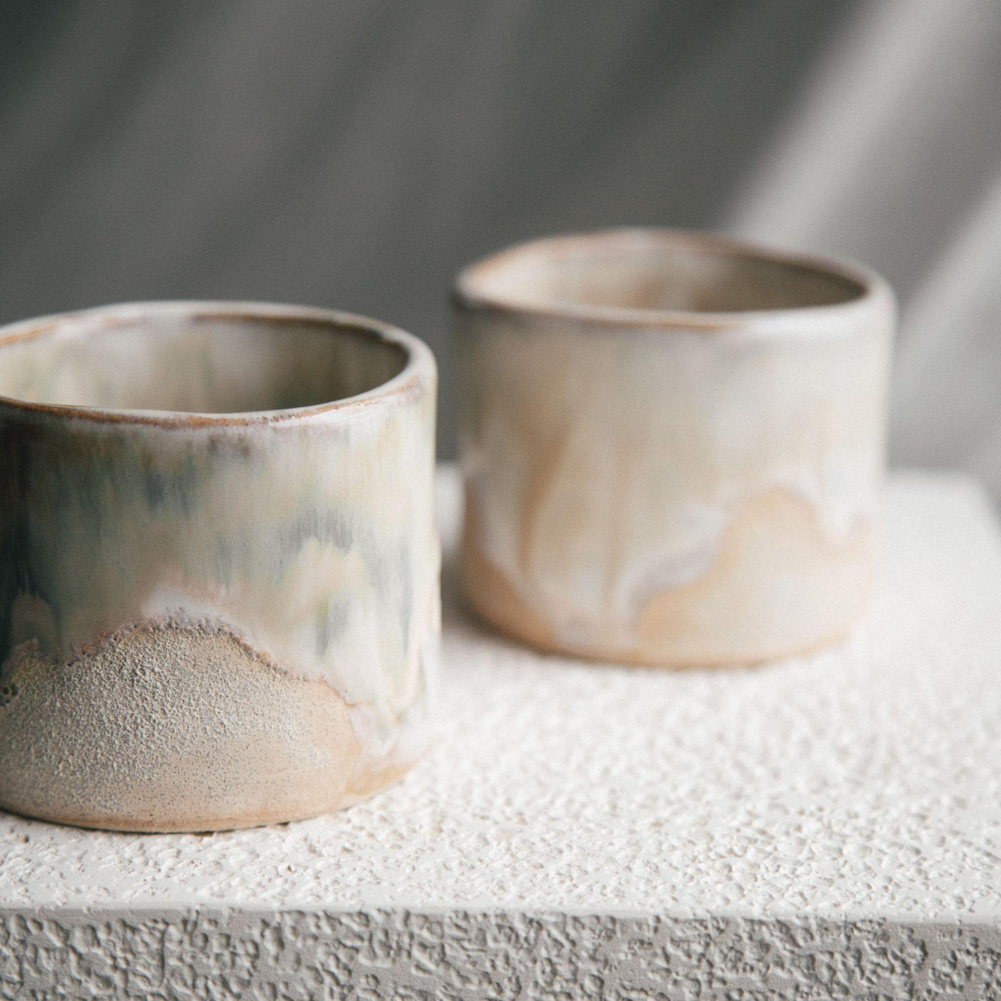 Handmade Stoneware Cappuccino Cup 180ml: Beige & Green Textured Pottery