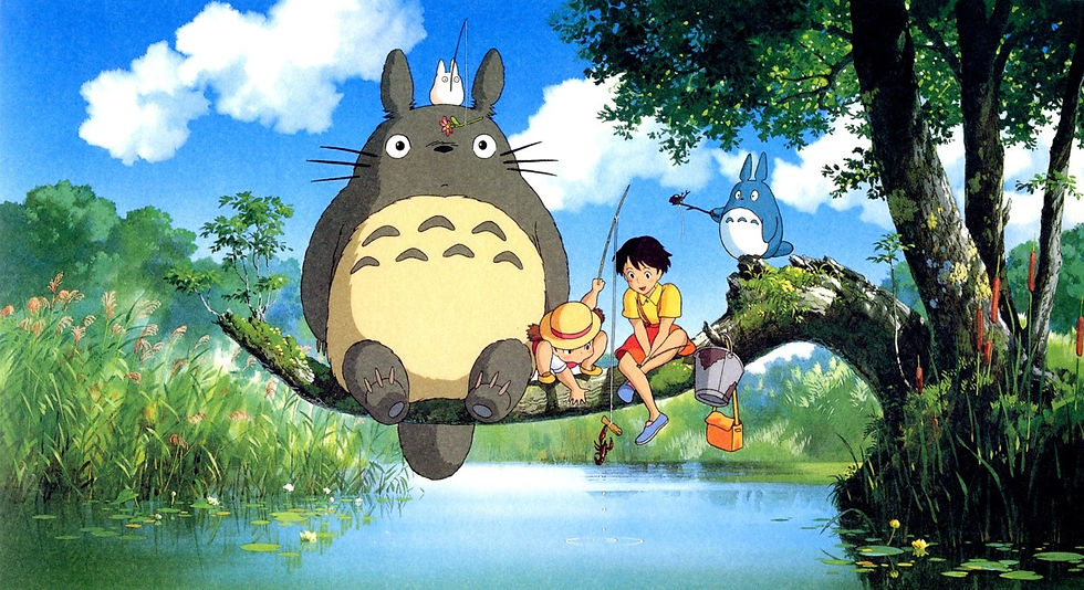 Totoro y las niñas sentados en la rama de un árbol