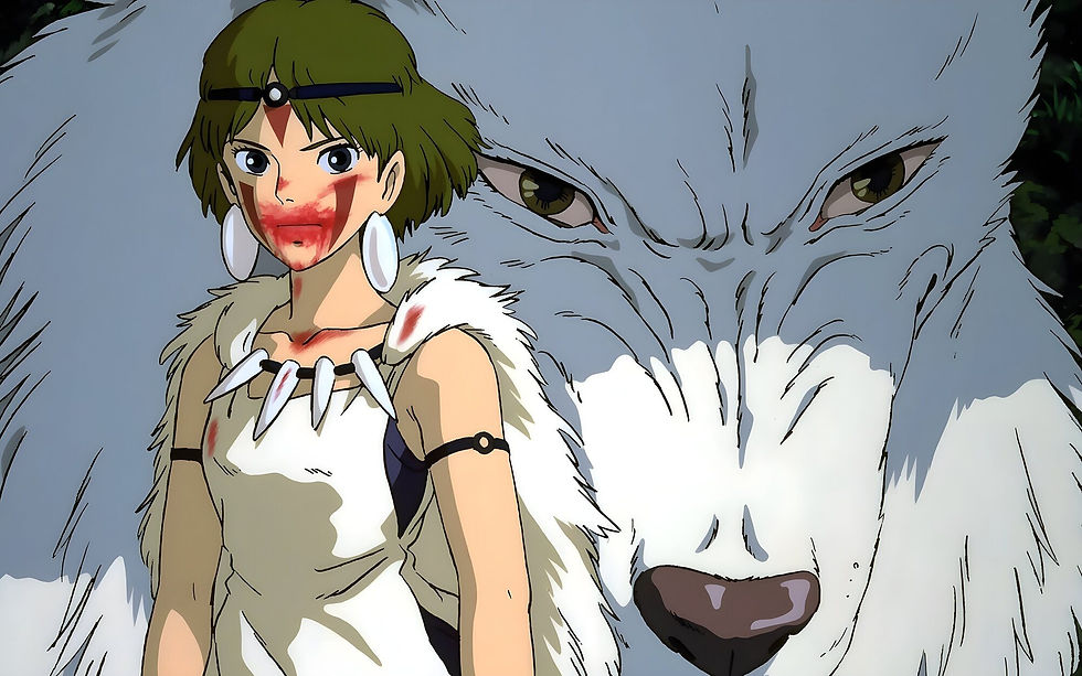 La princesa mononoke con sangre en la boca y un lobo gigante detrás