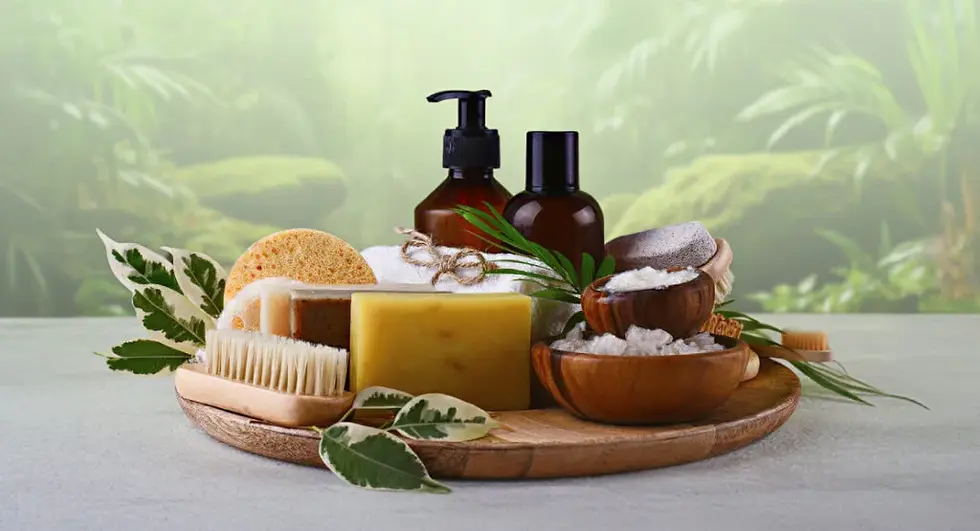 Eye-level view of a bathroom shelf with clean skincare products