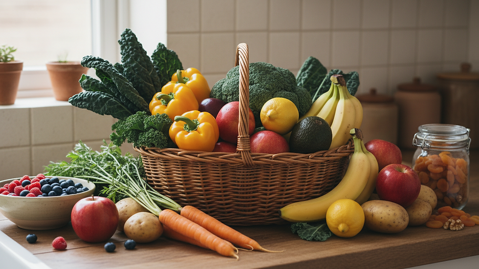 Eye-level view of fresh fruits and vegetables rich in vitamins on a kitchen counter