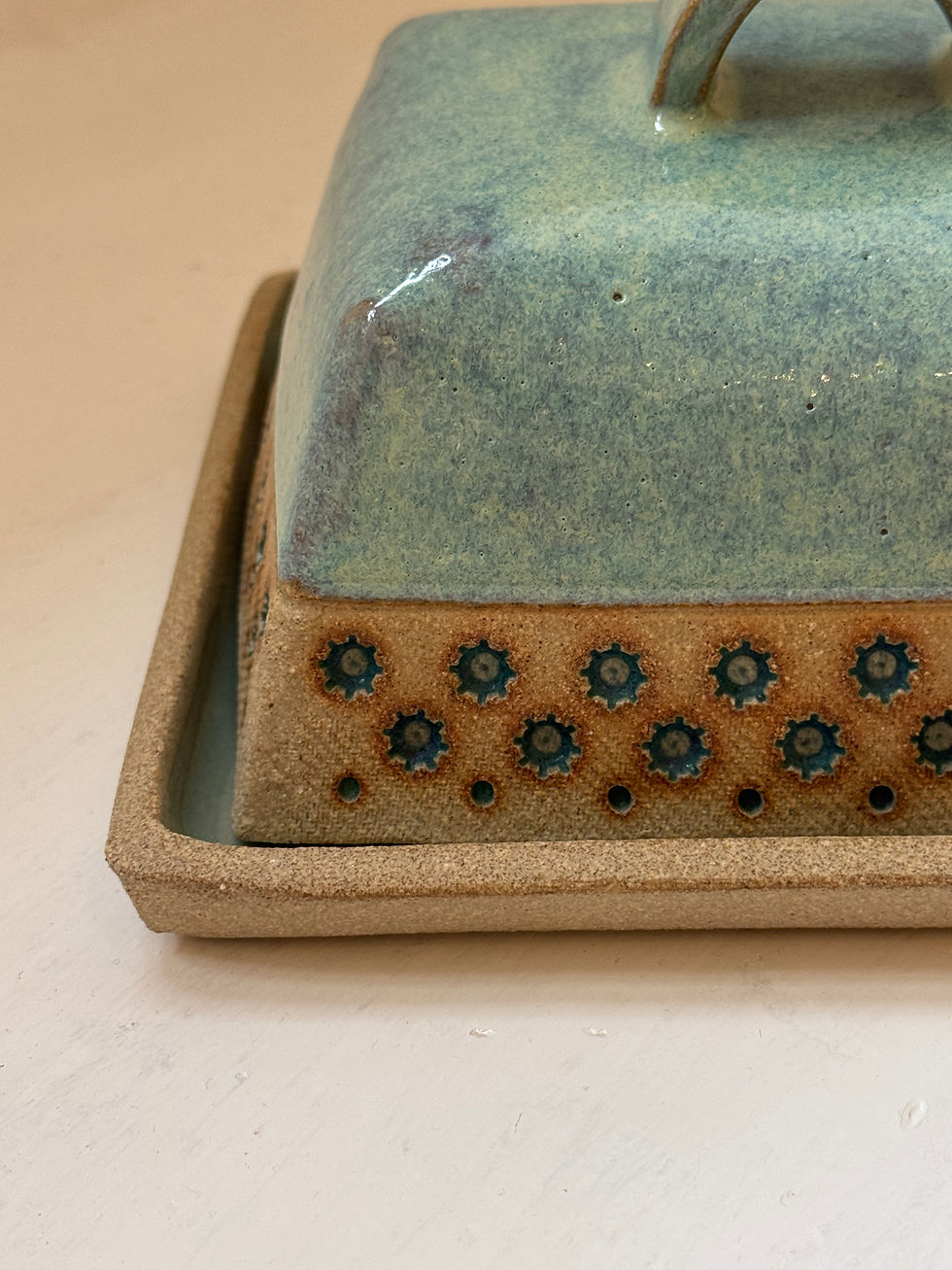 Thumbnail: pottery rectangular lid and plate in blue and beige colour