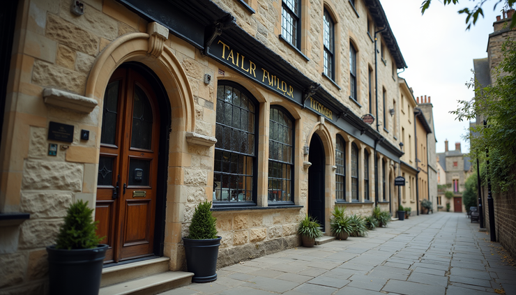 Eye-level view of the historic Tailor of Gloucester house with stone walls and leaded windows