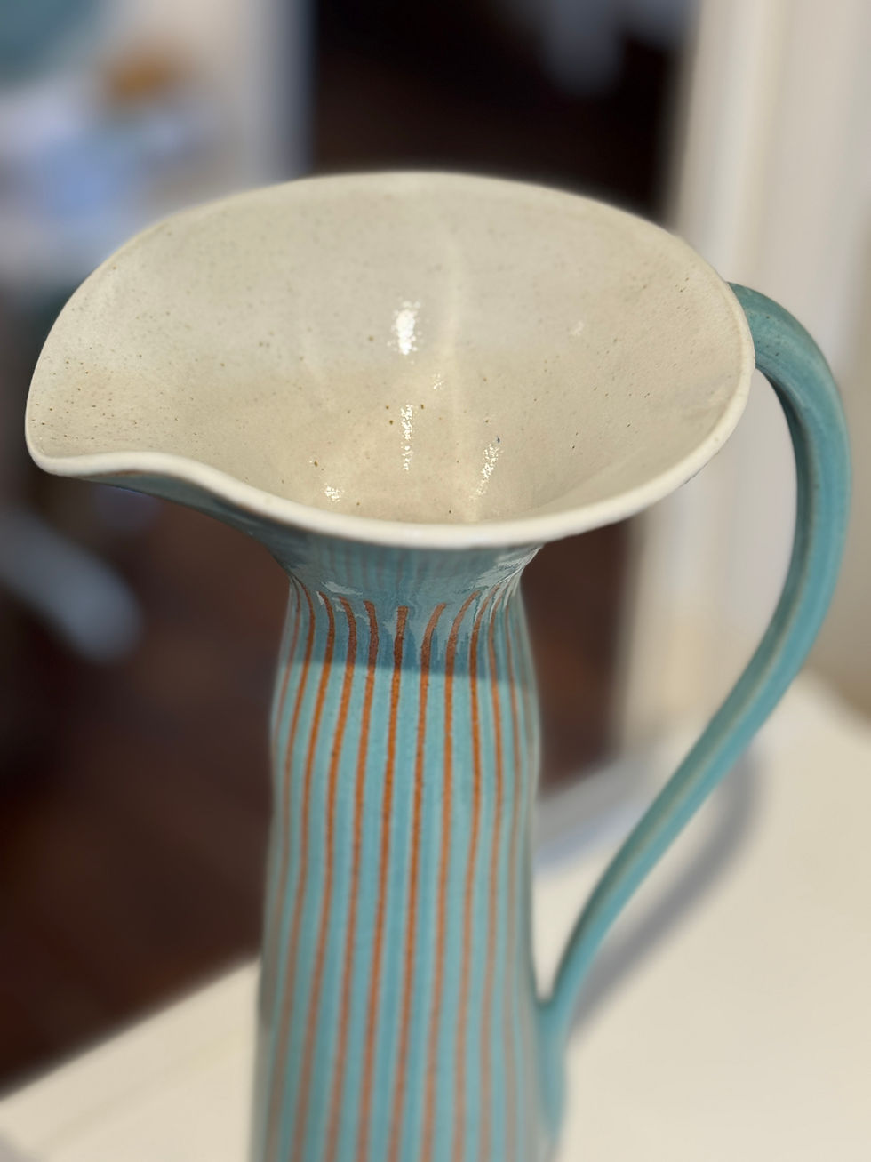 Thumbnail: Tall jug in blue with stripes and large white pouring head