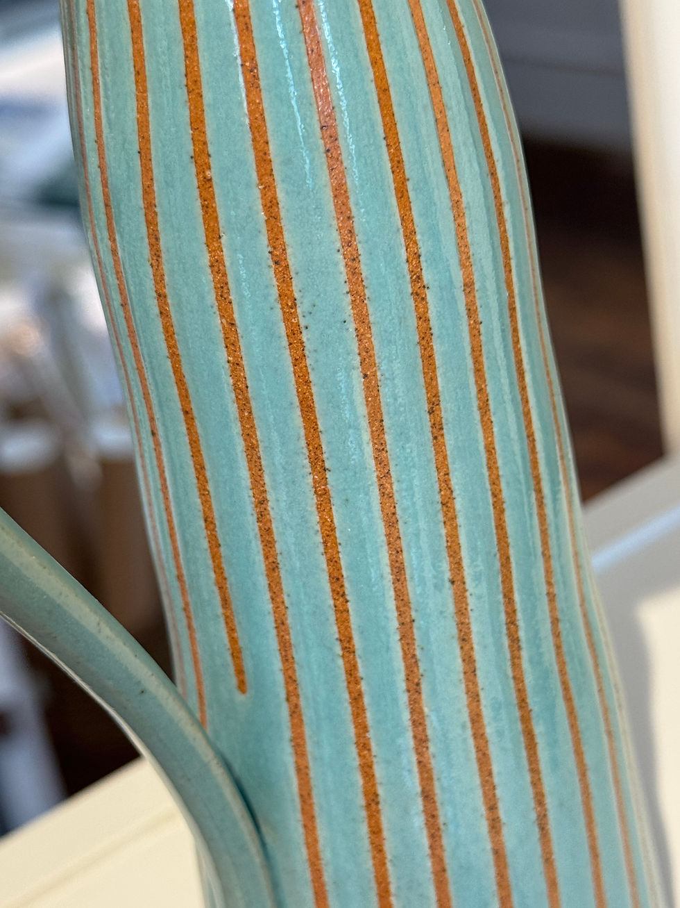 Thumbnail: Tall jug in blue with stripes and large white pouring head