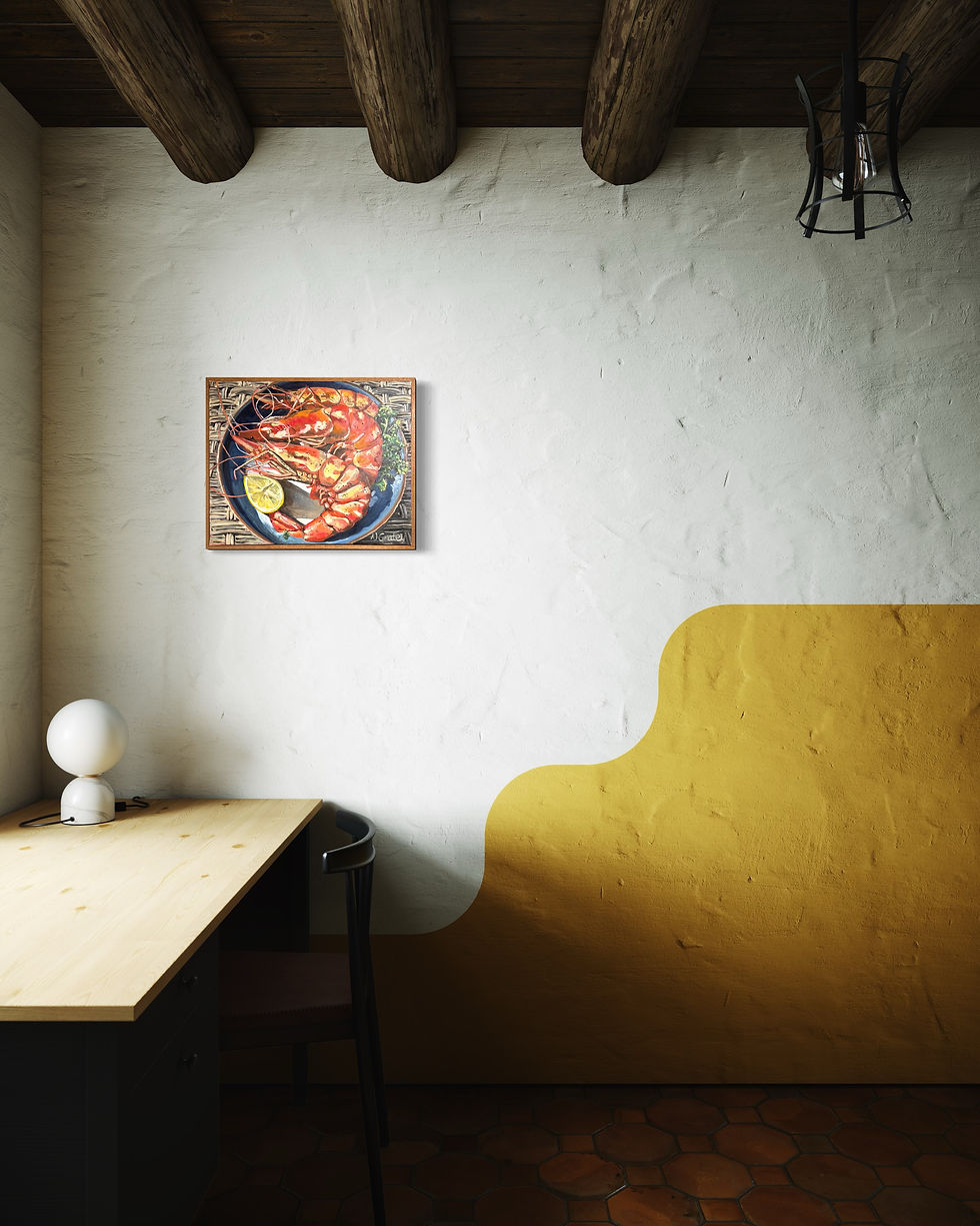 Framed painting of shrimp on a white wall with a wavy yellow painted bottom half of the wall