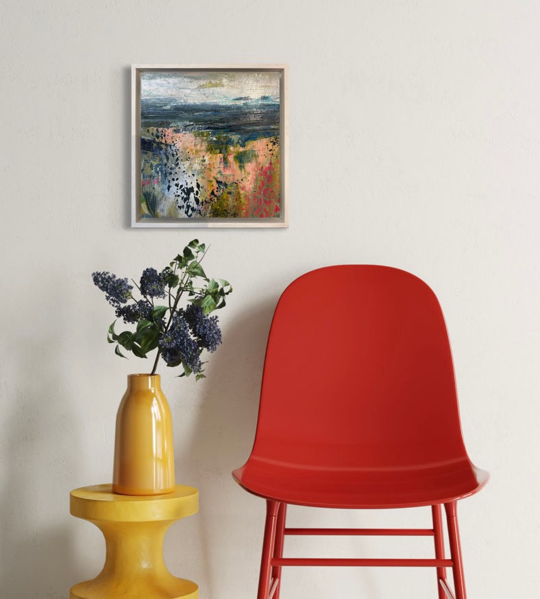 Thumbnail: Contemporary painting on wall with red chair and yellow table and vase with green plants
