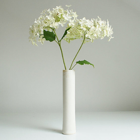 Cylinder vase in white with white flower on white background