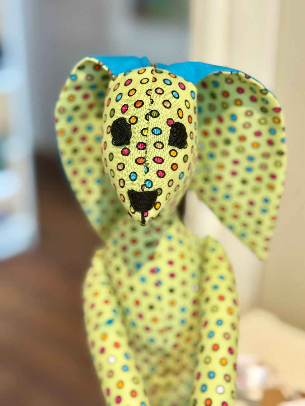 Thumbnail: Fabric bunny with long ears in lime dotty fabric and long ears