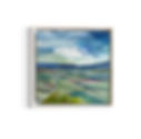 Painting of green landscape with blue cloudy sky on white wall