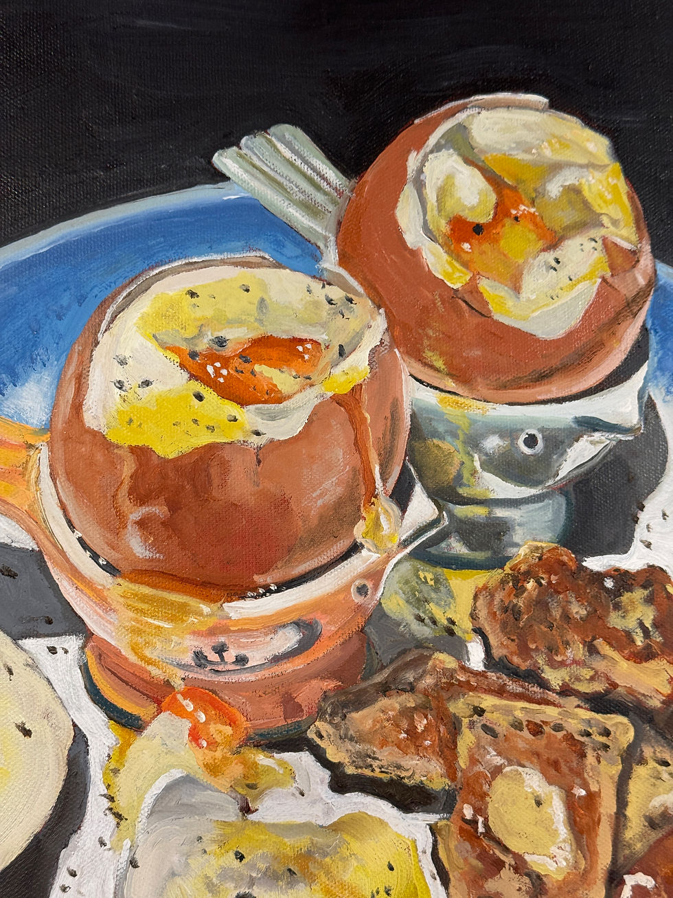 painting of soft boiled eggs with runny yokes and toast on a blue plate