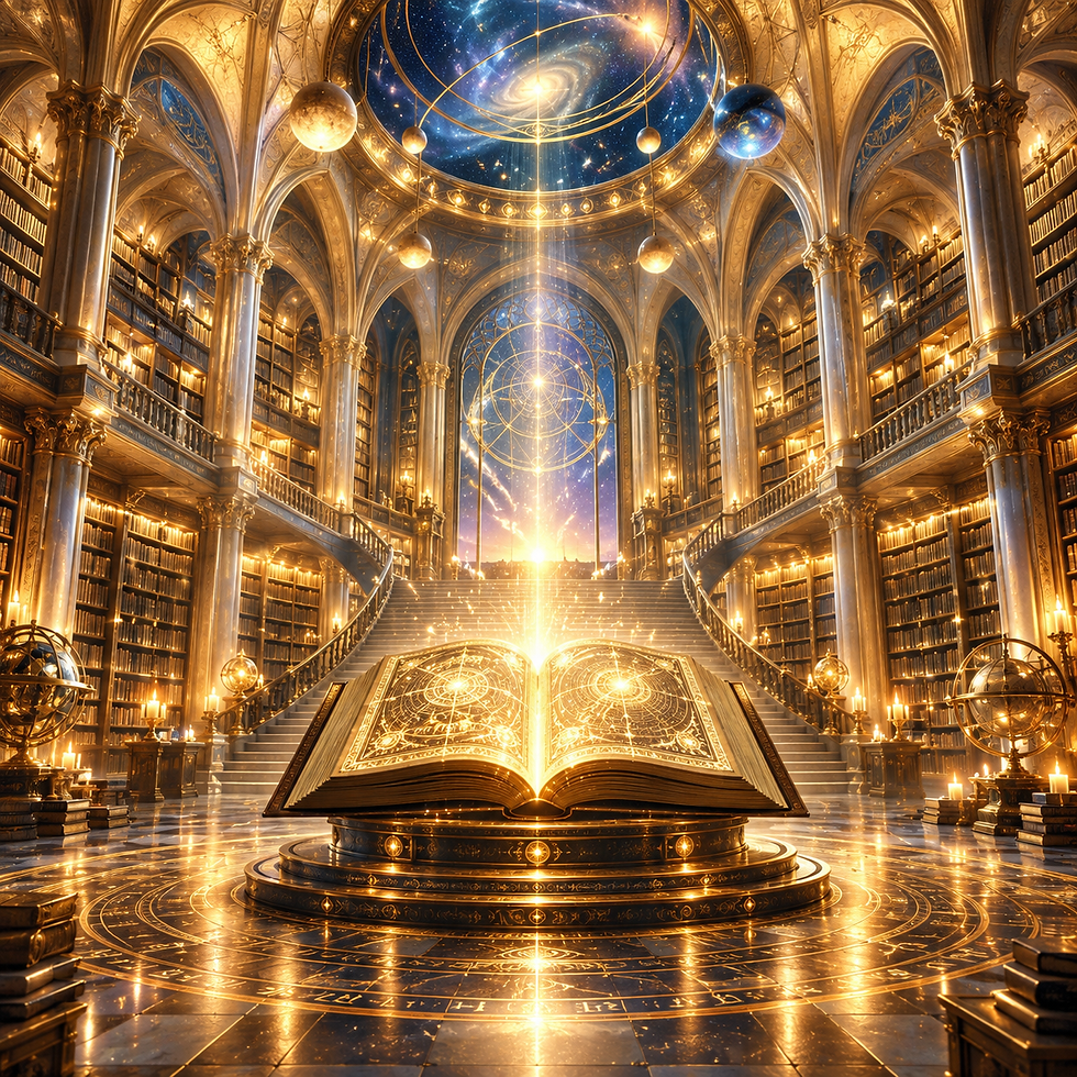 Akashic Records mystical golden book in grand library