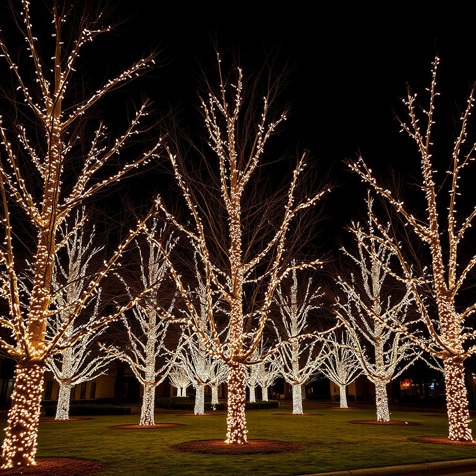 Trees wrapped in white Christmas lights outside