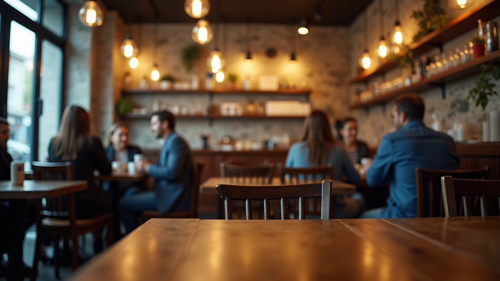 Eye-level view of a cozy coffee shop interior with people engaged in conversation